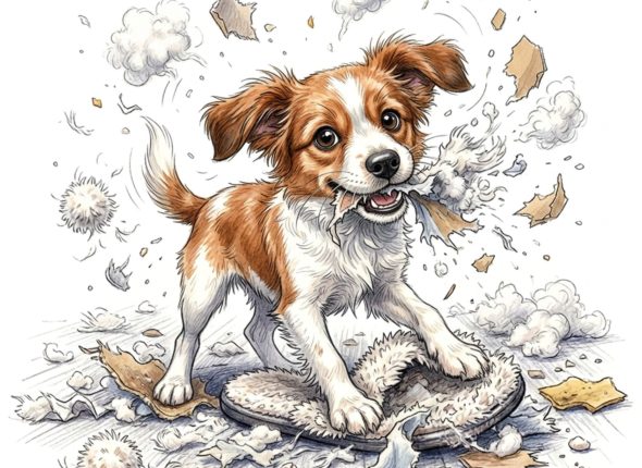 Puppy Eating Slippers Illustration