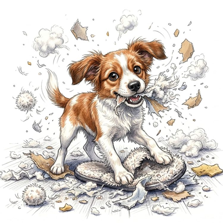 Puppy Eating Slippers Illustration