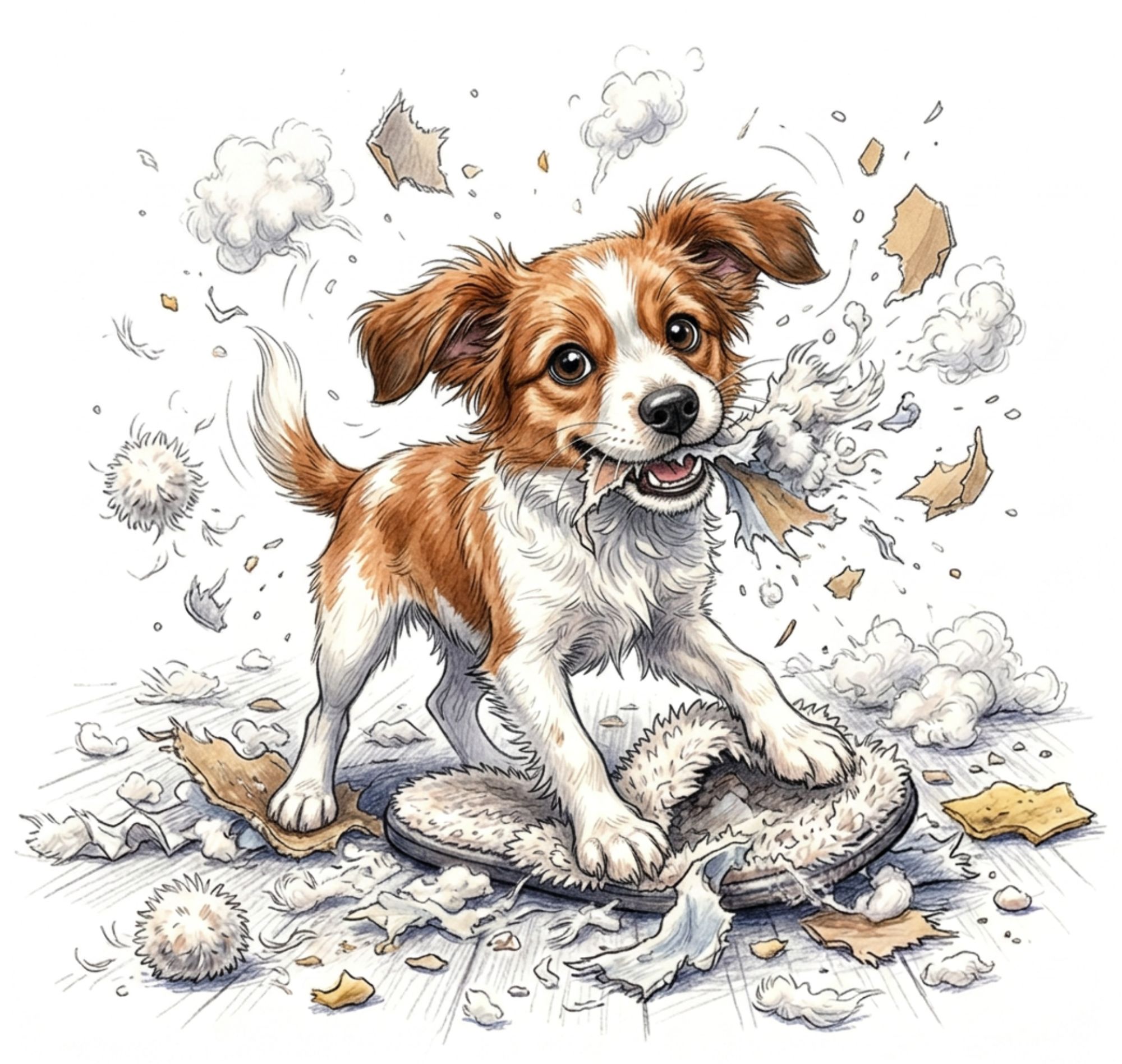 Puppy Eating Slippers Illustration